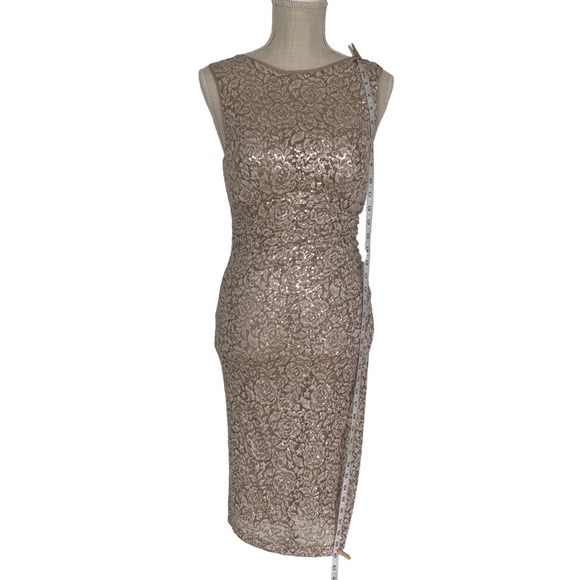 XSCAPE size 4 tan midi dress with gold sparkles and built in bra - Picture 10 of 14
